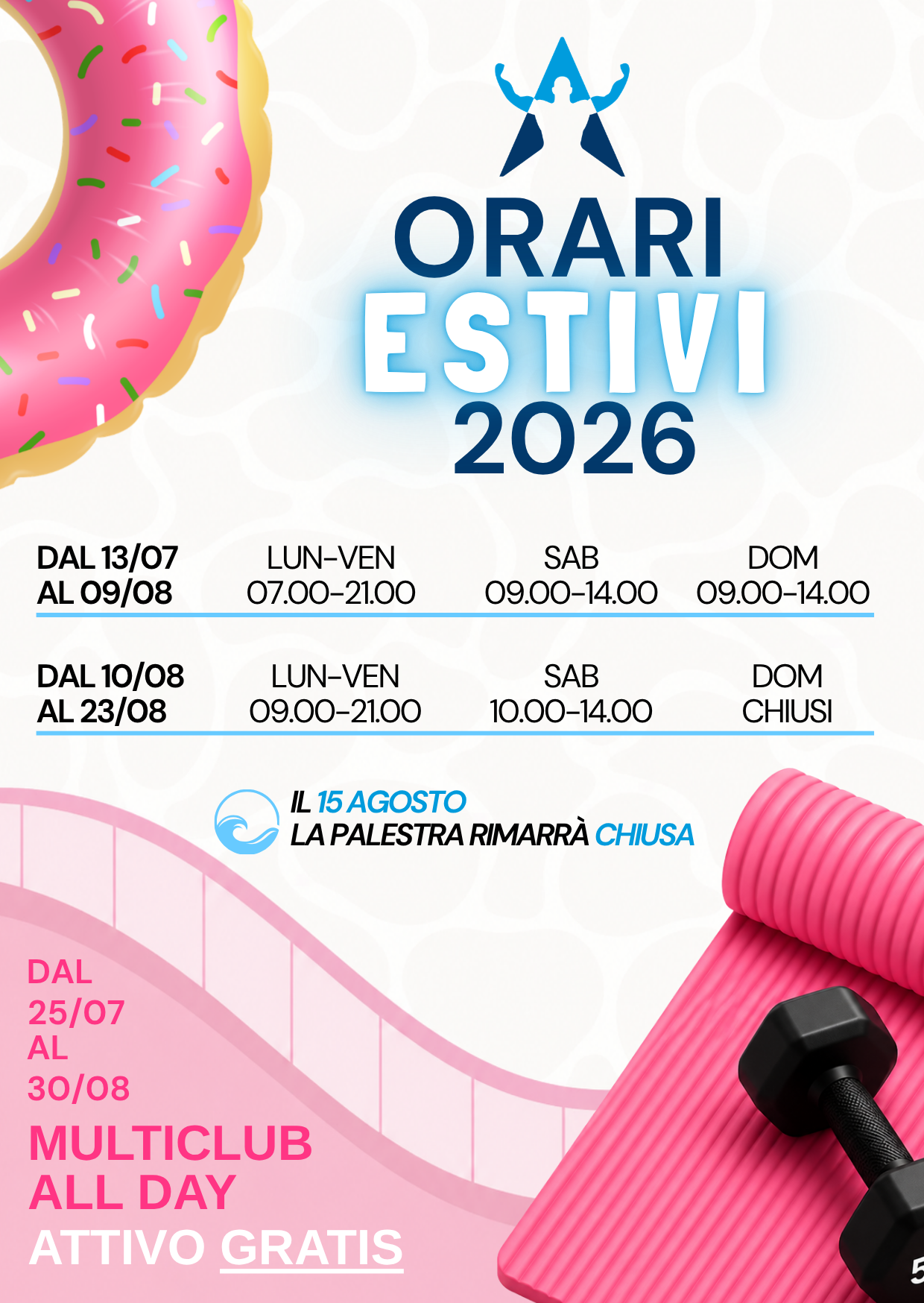 Orari estivi 2026 della palestra Atlas Bologna, chiusa il 15 agosto